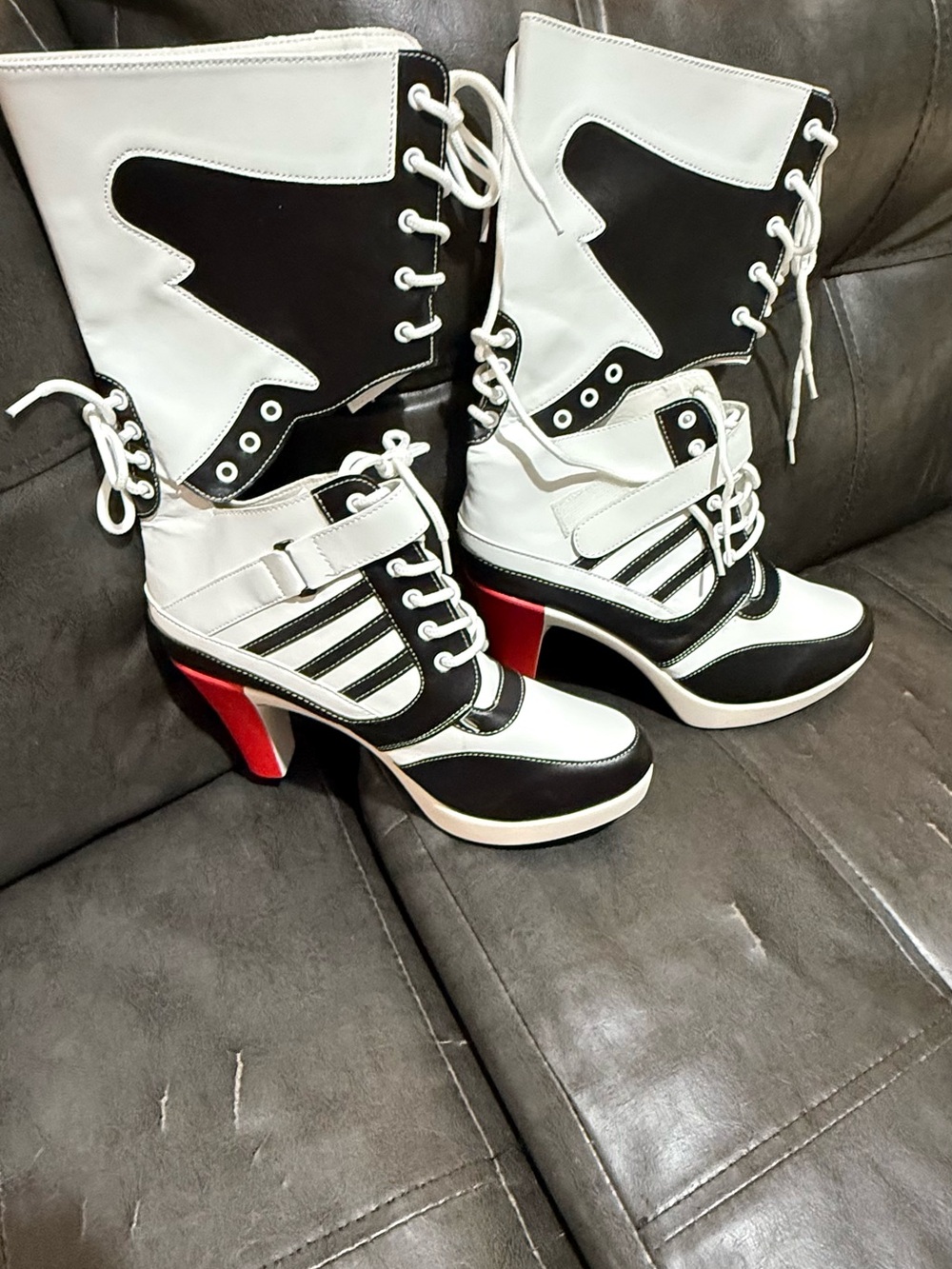 Women’s Black and White Lace-Up High Heel Booties with Red Accent